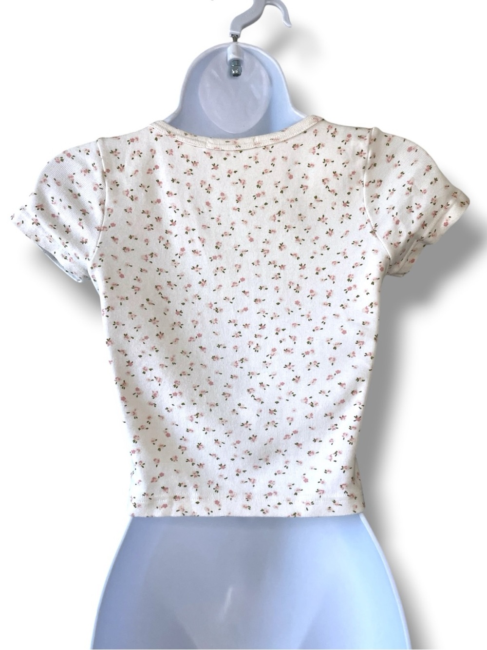 Brandy Melville White Pink Floral Ribbed Henley Baby Tee Crop Top 90s button up - Picture 3 of 11